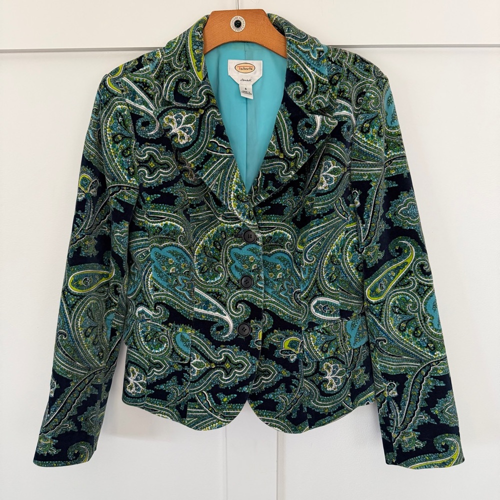 VTG Talbots Women's Blazer Green Turquoise Blue Paisley Velvet Preppy Stretch 6